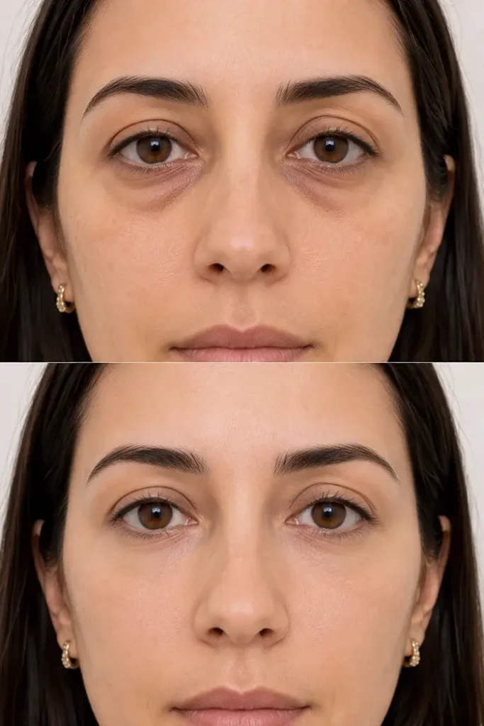Antes y después del relleno de ojeras hundidas con ácido hialurónico