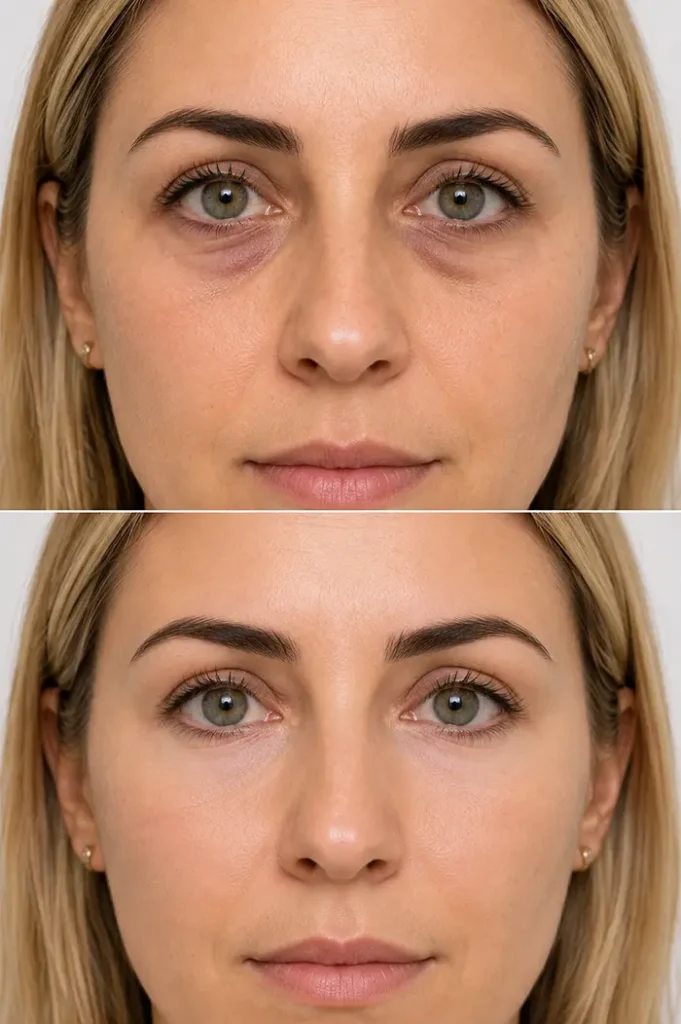 Antes y después del tratamiento de ojeras oscuras con ácido hialurónico