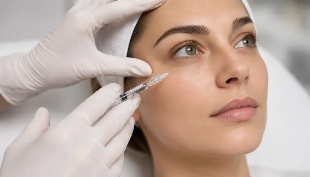 Médico realizando un tratamiento de relleno de ojeras con ácido hialurónico en el surco lagrimal