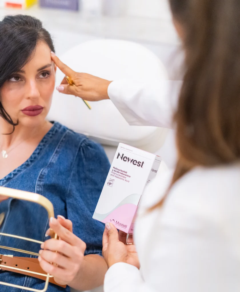 Dra. Andreina Jiménez realizando una valoración facial para tratamiento de ácido hialurónico
