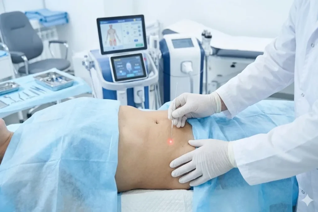 Procedimiento de Endolift corporal con fibra óptica láser en la zona abdominal de una paciente.