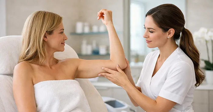 Valoración de la flacidez de la piel del brazo durante una consulta estética en AJ Clinic Valladolid.